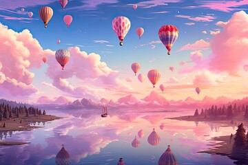 Illustration of hot air balloons flying over the lake at sunset, AI Generated