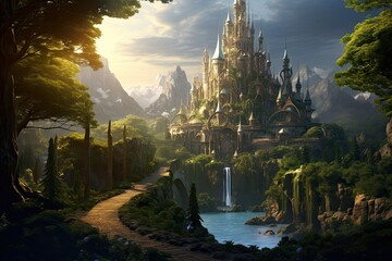 Magic Fairy Tale Landscape with Castle and waterfall. 3D Rendering, AI Generated - obrazy, fototapety, plakaty