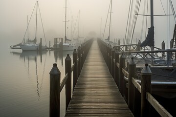 Wooden pier in a foggy morning. Yachts and boats in the background, AI Generated