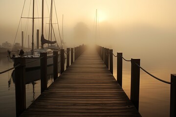Wooden pier in a foggy morning at sunrise with sailing boats, AI Generated