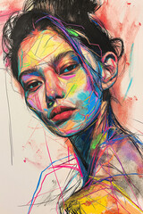 Dramatic Asian Visage with Rainbow Contour Lines and Abstract Expression