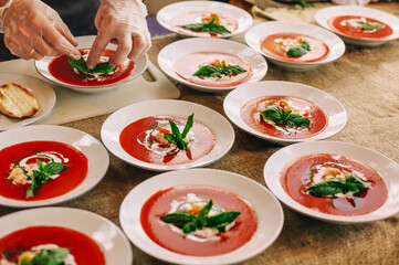 Many bowls of various gazpacho soups