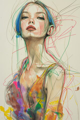 Bold Fashion Sketch of Woman with Blue Hair and Dynamic Lines