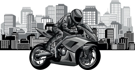 monochromatic illustration of motorcycle on city background.