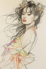 Contemporary Asian Fashion Illustration with Abstract Color Splashes