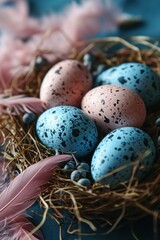 Naklejka na ściany i meble Pink and blue easter eggs in nest