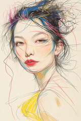 Captivating Asian Beauty with Color-Infused Abstract Hairstyle Sketch