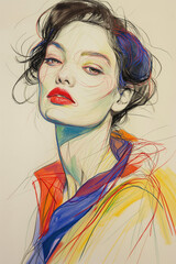 Mysterious Asian Woman with Colorful Abstract Scarf and Red Lip Contrast