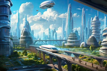 Keuken spatwand met foto Future city with high-speed train in the sky. 3d rendering, AI Generated © Iftikhar alam