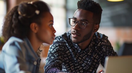 Young african american man and woman in eyeglasses using laptop in cafe