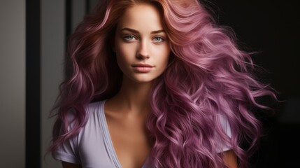 A woman with pink hair is posing for a picture. Luscious colored locks, radiating confidence and style. Perfect for hair product ads.