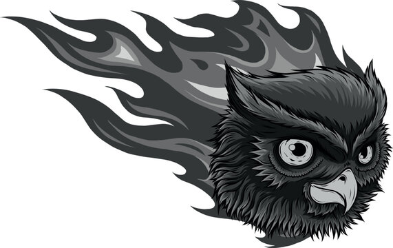 monochromatic illustration of owl head with flames