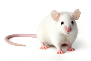 A white rat with pink feet on a white surface. Laboratory animal, testing model for research.