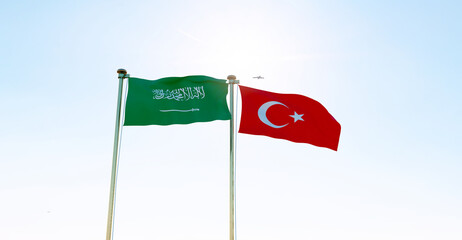 Turkey and Saudi Arabia Flags are waving in the spring of the blue sky, looped video. 4K ULTRA HD. 