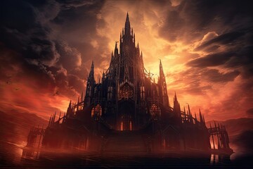Fantasy landscape with gothic cathedral in sunset. 3D rendering, AI Generated