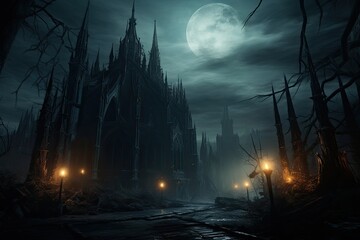 Scary spooky Halloween background with spooky gothic church and full moon, AI Generated
