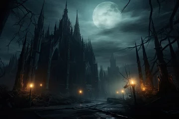 Papier Peint photo Guilin Scary spooky Halloween background with spooky gothic church and full moon, AI Generated