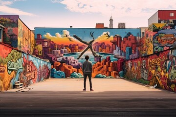 Obraz premium Man with skateboard and graffiti on the wall. Urban scene, AI Generated