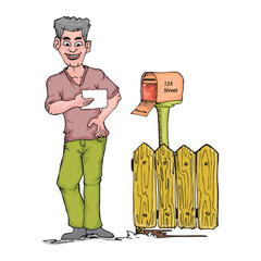 adult man holding a letter standing near the leter box, cartoon hand draw illustration