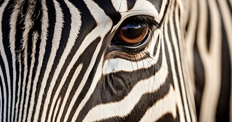 Close up of a zebra's eye with black and white stripes - obrazy, fototapety, plakaty
