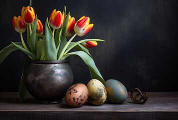 Easter still life with tulips and easter eggs on wooden background