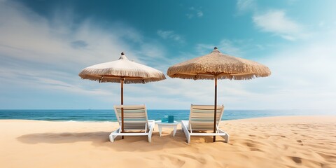 Fototapeta premium Chairs and umbrellas on the beach. 3d rendering
