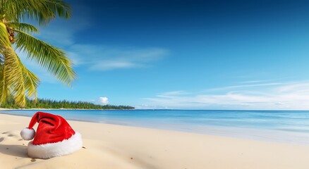 Santa Claus hat on the beach with palm tree and blue sky background