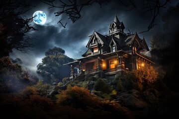 Fototapeta na wymiar Halloween background with haunted house and full moon. Halloween concept, AI Generated