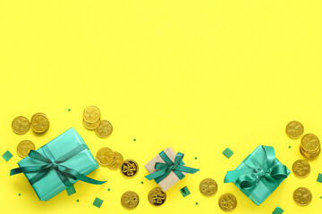 Gifts with golden coins and sequins on yellow background. St. Patrick's Day celebration