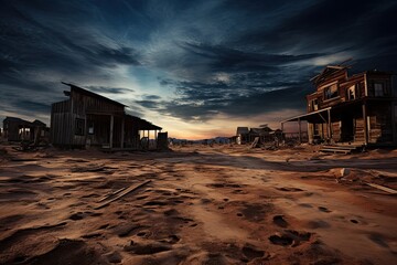 abandoned house in the desert at sunset with a dramatic sky, AI Generated