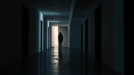 Fototapeta na wymiar silhouette of a person in a corridor, anxiety