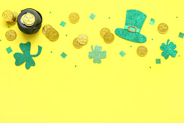 Pot with golden coins, paper decor and sequins on yellow background. St. Patrick's Day celebration