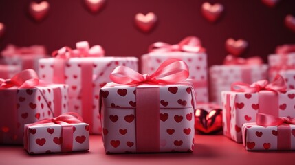Gifts adorned with red ribbons sit by pink hearts.