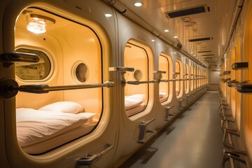 Interior of a modern passenger airplane. Interior of an airplane, A compact, space-efficient capsule hotel in Tokyo, AI Generated