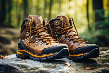 Hiking boots on a log in the forest. Travel and adventure concept, AI Generated - Powered by Adobe