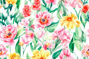 Foto op Plexiglas Background with pink and yellow flowers drawn with wet watercolor. Happy summer. For packaging, copybook covers © Алла Чеснокова