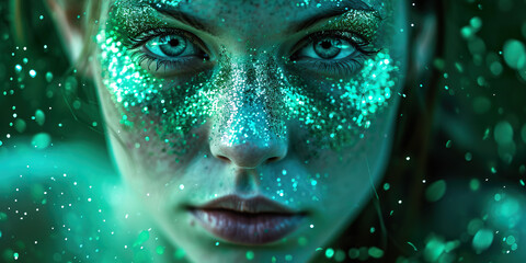 Portrait of a woman with green glitter makeup.