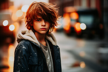 Jeune garçon seul dans la rue un jour pluvieux - obrazy, fototapety, plakaty