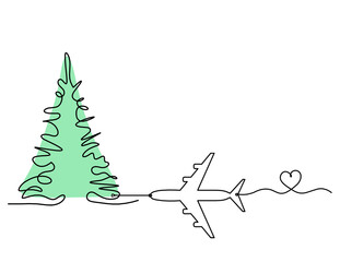 Abstract color tree and plane as line drawing on the white
