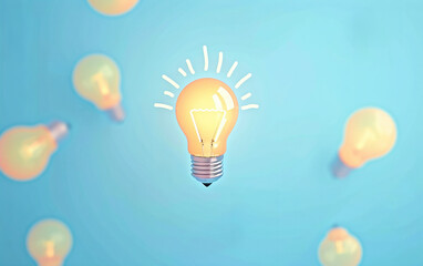 Closeup image of 3d glowing lightbulb surrounded by other lightbulb. New ideas, brainstorming concept.