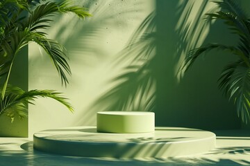 Fototapeta na wymiar Minimal abstract podium green background for product presentation. Tropical leaf shadow on plaster wall. 3d render. Spring and summer. generative ai.
