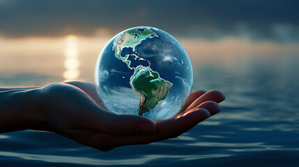 Hand holding earth globe near lake. World water day concept.