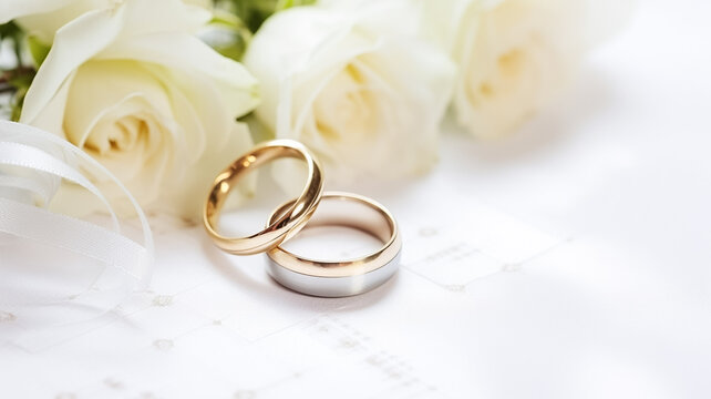 White flowers and two golden wedding rings on white background.