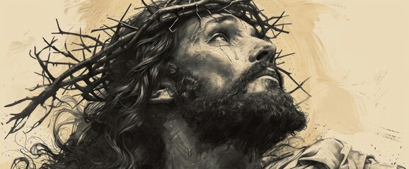 Fototapeta premium Jesus Christ with crown of thorns on grunge background. Christian illustration.