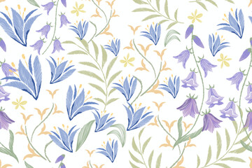 Floral pattern with blue flowers embroidery ethnic batik vintage. Ikat Flower motifs paisley batik print template watercolour design background border.