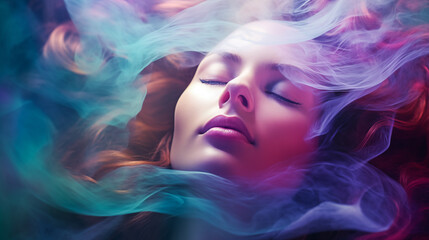 Woman's contemplative visage blending seamlessly with swirling vapors, embodying the essence of hypnosis and mental exploration.