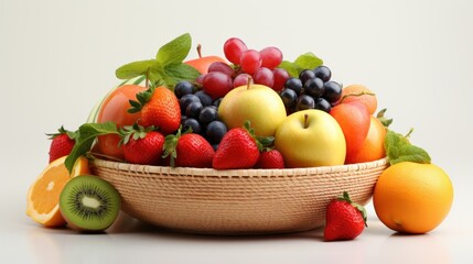 A basket brimming with assorted vividly colored fruit