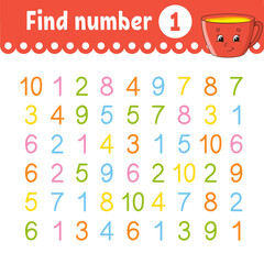Find number. Education developing worksheet. Activity page with pictures. Game for children. Funny character. cartoon style. Vector illustration.