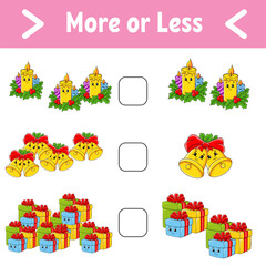 More or less. Educational activity worksheet for kids and toddlers. Vector illustration.