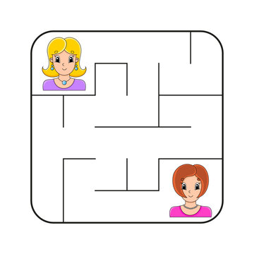 Simple square maze for toddlers. With cute cartoon characters. Isolated on white background. Vector illustration.